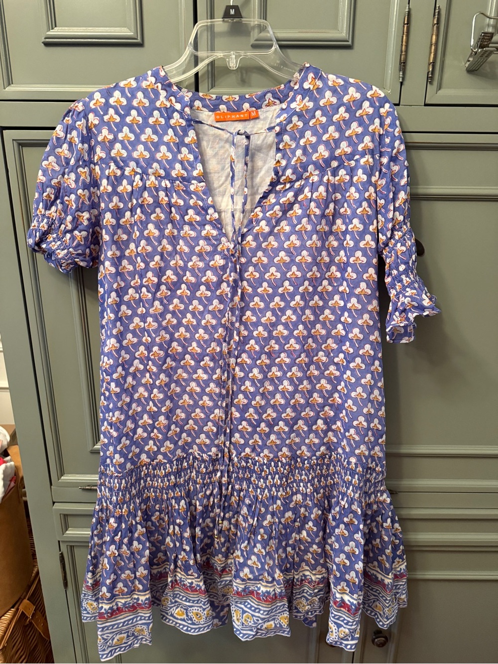 Oliphant Smocked Drop Mini dress blue clover print sz M Boho Coastal Cowgirl